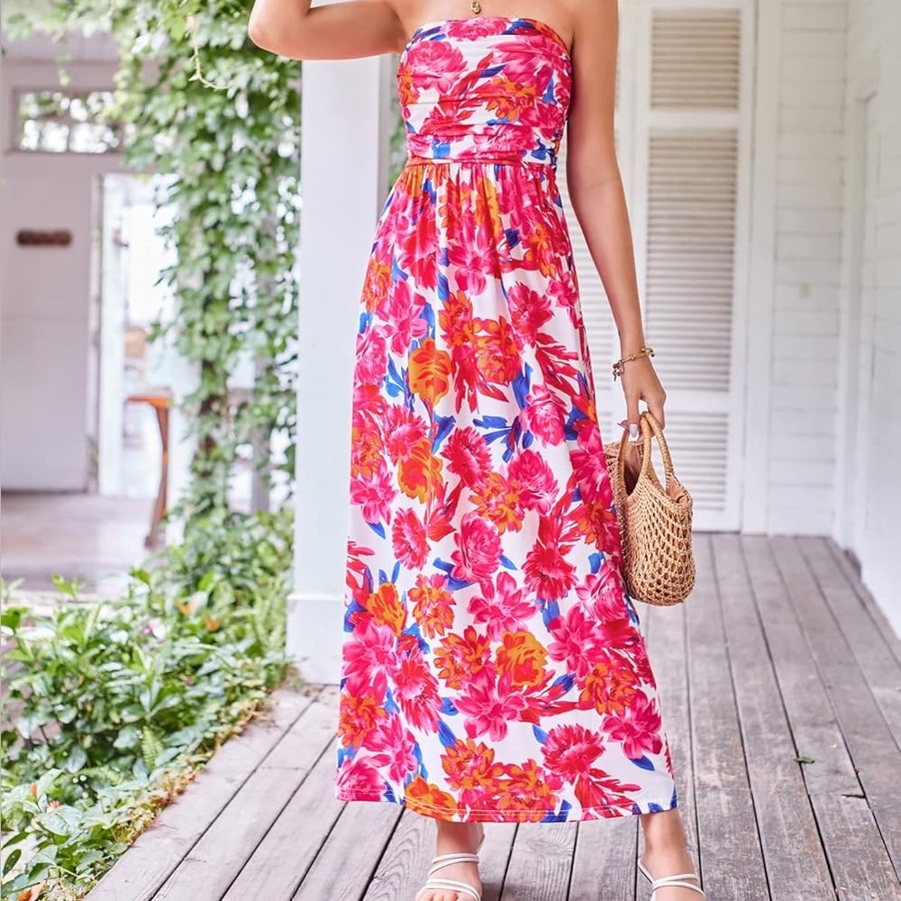 Grace Karin Strapless Floral Sundress in Pink, Orange & Blue